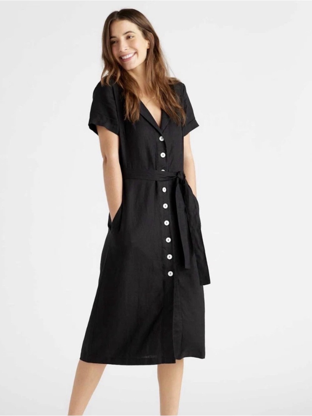 QUINCE 100% European Linen Button Front Midi Dress Black